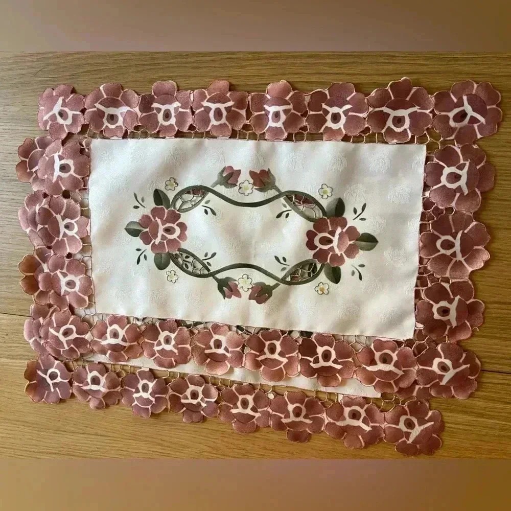 Set of 3 Floral Embroidered Satin Doilies - 16x10 Pink Flower Lace Edge